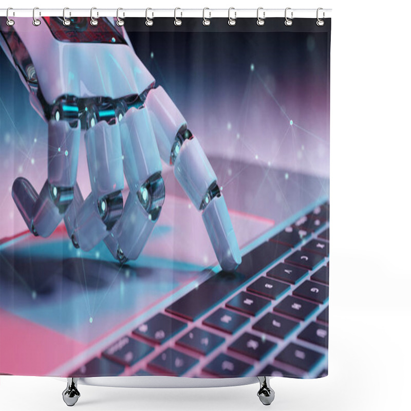 Personality  Robotic cyborg hand pressing a keyboard on a laptop 3D rendering shower curtains