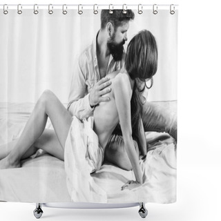 Personality  Sexual Desire Concept. Seduction Art And Desire. Man Full Of Desire Tease Partner Sensual Foreplay. Erotic Game In Bed. Couple Make Love Sex. Hipster Lover And Sexy Naked Female Full Of Desire Shower Curtains