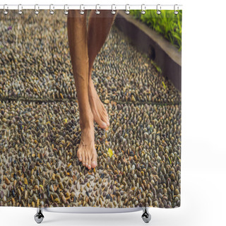 Personality  Man Walking On A Textured Cobble Pavement, Reflexology. Pebble Stones On The Pavement For Foot Reflexology. Shower Curtains