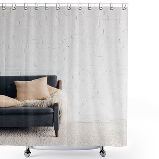 Personality  Cropped Shot Of Couch With Pillows And Blanket In Living Room With White Brick Wall, Mockup Concept Shower Curtains