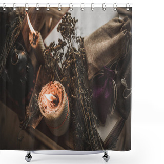 Personality  Magical Attribute On A Table, Witchcraft Concept, Candle Fire, Spells And Other Rituals Shower Curtains