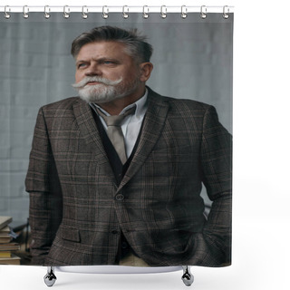 Personality  Senior Man In Stylish Tweed Suit Looking Away In Front Of White Brick Wall Shower Curtains