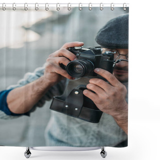 Personality  Close-up Shot Of Handsome Adult Man With Vintage Film Camera Outdoors Shower Curtains