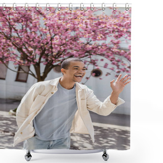 Personality  Young African American Man In Shirt Jacket Waving Hand Near Cherry Tree Shower Curtains