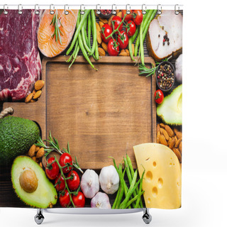 Personality  Wooden Cutting Board And Ketogenic Low Carbs Ingredients For Healthy Weight Loss Diet, Top View, Copy Space. Keto Foods: Meat, Fish, Avocado, Cheese, Vegetables, Nuts. Clean Eating, Healthy Fats  Shower Curtains