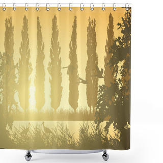 Personality  Realistic Landscape Illustration With Wetlands And Swamp. Reeds And Grass With Trees, Poplars And Flying Birds. Storks And Swans Under Morning Orange Sky With Sunlight - Vector Shower Curtains
