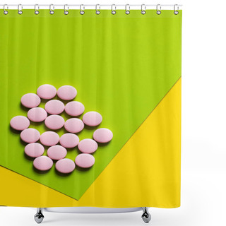 Personality  Top View Of Round Shape Pink Pills On Yellow And Green Background Shower Curtains