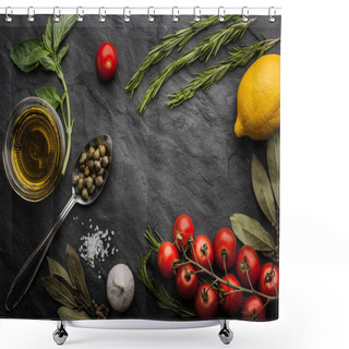 Personality  Herbs Mix With Tomatoes, Lemon And Olive Oil On The Black Stone Table Shower Curtains