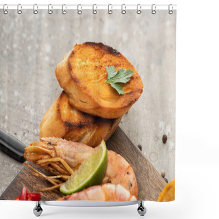 Personality  Close Up View Of Fried Shrimps With Grilled Toasts And Lime On Wooden Board On Grey Concrete Background Shower Curtains