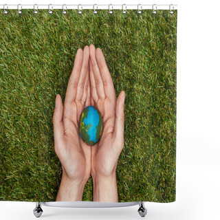 Personality  Cropped Image Of Man Holding Earth Model In Hands Above Green Grass, Earth Day Concept Shower Curtains
