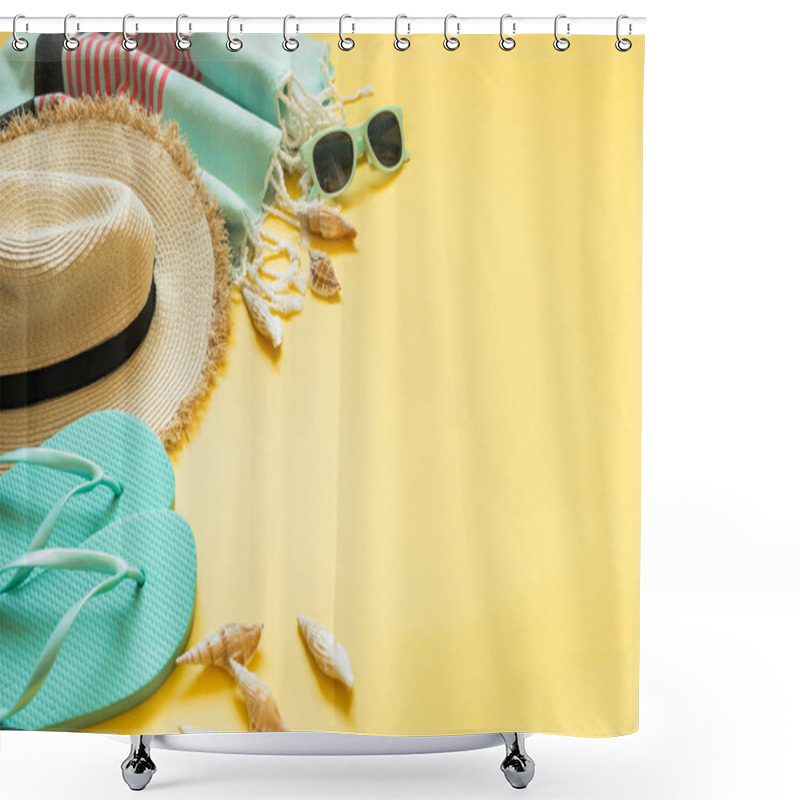 Personality  Outfit For Beach And Summer Tropical Vacations, Straw Sunhat, Sun Glasses On Yellow. Shower Curtains