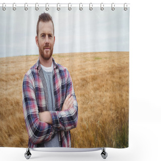 Personality  Farmer Standing With Arms Crossed In Field Shower Curtains