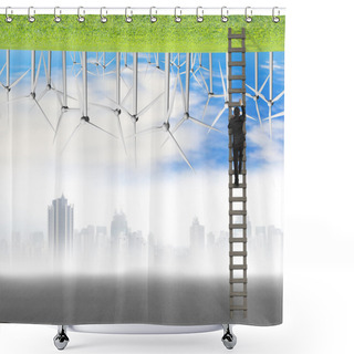 Personality  Businessman Climb On Wood Ladder Between Two Inverted World Shower Curtains