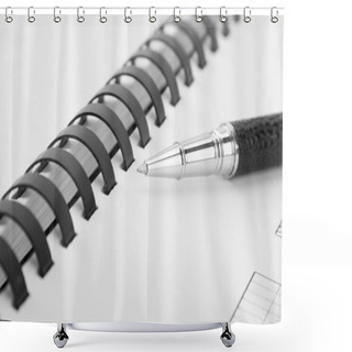 Personality  Open Writing Book And Black Pen. Close-up View Shower Curtains