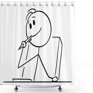 Personality  Vector Cartoon Of Creative Man Or Businessman Or Writer Thinking About Something With Ballpoint Pen In Mouth Shower Curtains
