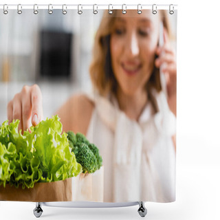 Personality  Selective Focus Of Woman Touching Fresh Lettuce Near Broccoli While Talking On Smartphone  Shower Curtains