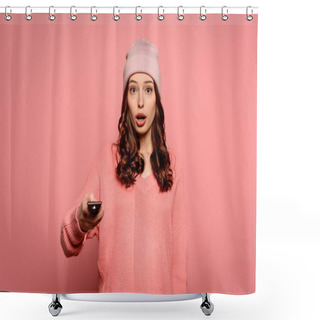 Personality  Shocked Girl Holding Tv Remote Controller On Pink Background Shower Curtains