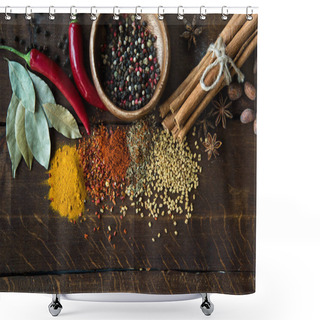 Personality  Pepper In Bowl With Scattered Herbs And Spices Shower Curtains