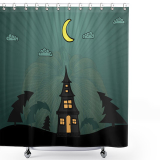 Personality  Lonely Vector House In Dark Wood For Halloween Shower Curtains