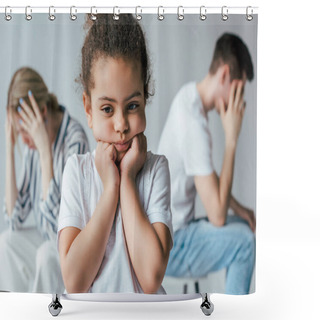Personality  Selective Focus Of Sad African American Kid Touching Face Near Divorced Foster Parents Isolated On Grey  Shower Curtains