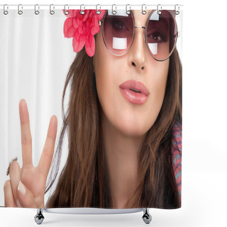 Personality  Pretty Fashionable Woman Showing Peace Hand Sign Shower Curtains