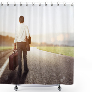 Personality  Man Walking  On A Road With His Suitcase  Shower Curtains