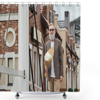 Personality  Senior Man With Beard And Sunglasses Holding Bouquet Of Flowers, Standing On Urban Street, Stylish Shower Curtains