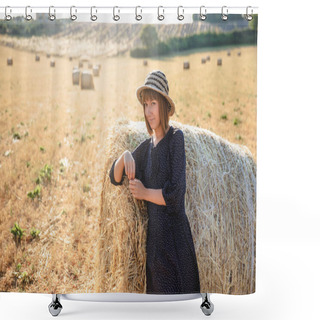 Personality  Beautiful Young Woman Leaning At Hay Bale And Looking At Camera, Provence, France Shower Curtains