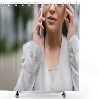 Personality  Cropped View Of African American Businesswoman Calling On Mobile Phone Outdoors Shower Curtains