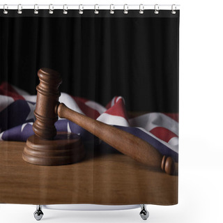 Personality  Wooden Gavel And American Flag On Table Isolated On Black Shower Curtains
