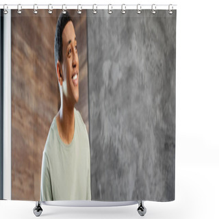 Personality  Happy And Smiling African American Man Looking Away While Standing In New House, Banner Shower Curtains