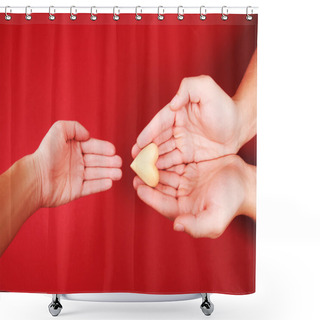 Personality  Mans Hands Are Giving Little Wooden Heart To Womans Hand Shower Curtains