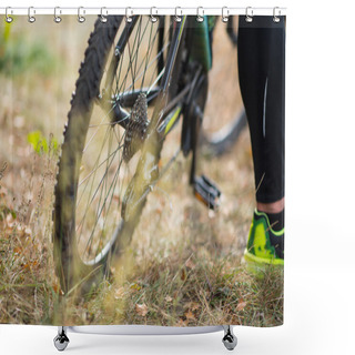 Personality  Bicycle With Cyclist On Dry Grass Shower Curtains