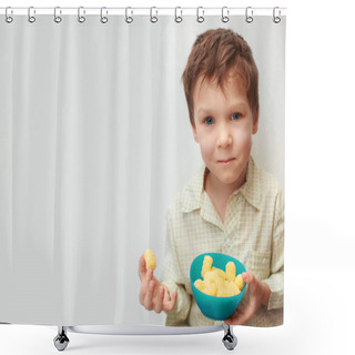 Personality  Little Smiling Boy Eating Corn Sticks On A Background Of Space For Text Shower Curtains