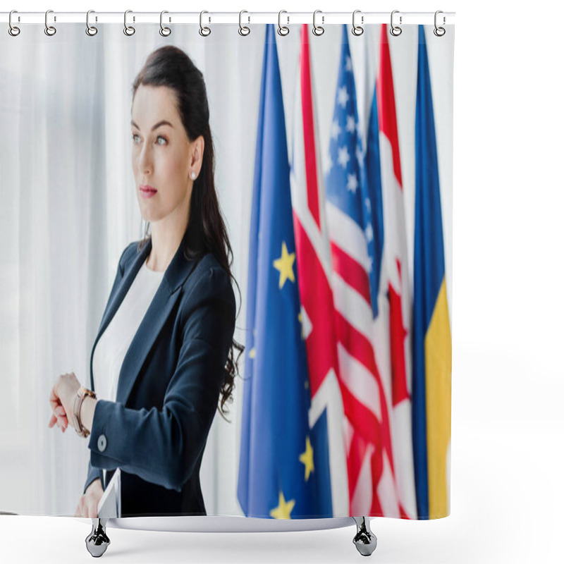 Personality  attractive diplomat waiting near flags in embassy  shower curtains