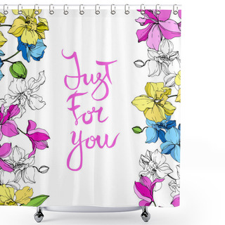 Personality  Yellow, Blue And Pink Orchids. Engraved Ink Art. Floral Borders. Just For You Handwriting Monogram Calligraphy. Shower Curtains
