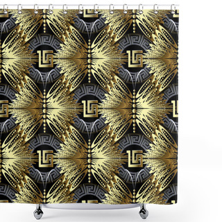 Personality  Gold Geometric 3d Greek Vector Seamless Pattern. Ornamental Textured Geometry Background. Tiled Patterned Abstract Butterflies With Dots And Half Tone Effect. Ornate Greek Key Meander Ornament Shower Curtains
