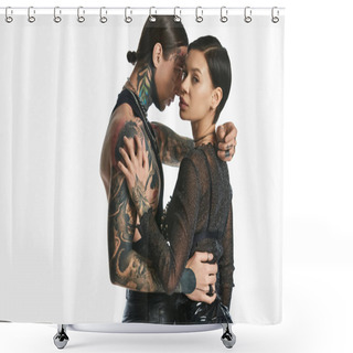 Personality  A Young Tattooed Couple Share A Warm Hug In A Studio Against A Grey Background, Displaying Love And Intimacy. Shower Curtains