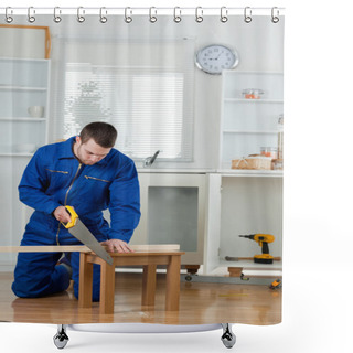 Personality  Portrait Of A Handsome Handyman Cutting A Wooden Board Shower Curtains