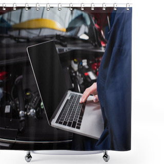 Personality  Partial View Of Forewoman With Laptop Making Diagnostics Of Blurred Car In Service Shower Curtains