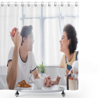Personality  Side View Of Happy Multiethnic Couple Holding Hands During Breakfast Shower Curtains