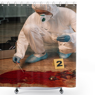 Personality  Cropped View Of Forensic Investigator In Latex Gloves Taking Blood Samples At Crime Scene Shower Curtains