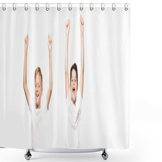 Personality  Panoramic Shot Of Two Excited Brothers Showing Winner Gesture Isolated On White Shower Curtains