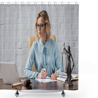 Personality  Serious Female Judge In Eyeglasses Working With Papers And Using Laptop At Workplace Shower Curtains