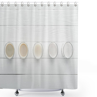 Personality  Top View Of Different Types Of Milk On White Wooden Surface Shower Curtains