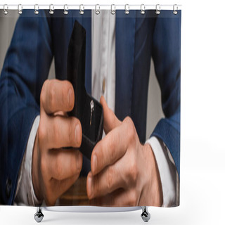 Personality  Cropped View Of Jewelry Appraiser Holding Box With Jewelry Ring At Table Isolated On Grey, Panoramic Shot Shower Curtains