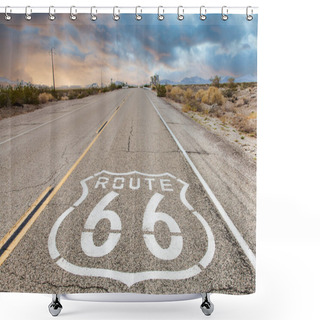 Personality  Route 66 Road Sign With Blue Sky Background. Historic Street With Nobody. Classic Concept For Travel And Adventure In A Vintage Way. Shower Curtains
