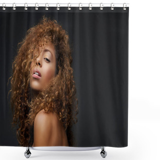 Personality  Portrait Of A Beautiful Female Fashion Model With Curly Hair Shower Curtains