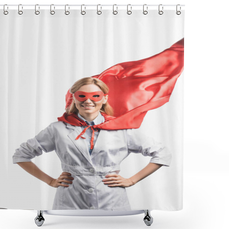 Personality  cheerful nurse in superhero mask and cloak standing with hands on hips isolated on white shower curtains
