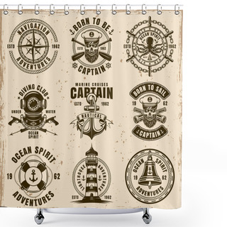 Personality  Maritime Set Of Vector Emblems On Dirty Background Shower Curtains